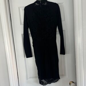 Bebe Lace-Back Bodycon Midi Dress, long sleeves, asymmetrical lace at hem